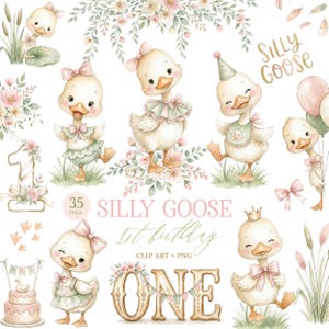 Può includere: Set di clip art ad acquerello con adorabili oche dei cartoni animati in varie pose, con fiocchi, vestiti e cappelli da festa. Il testo "Silly Goose 1st Birthday" è visualizzato, insieme al numero "ONE" e a una torta. La tavolozza dei colori include rosa, verdi e creme tenui.