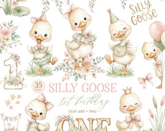 Silly Goose Clip art Bundle: 1st Birthday Goose Girl PNG Digital Download