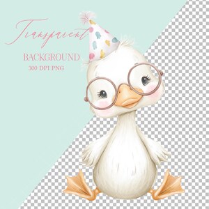 May include: A watercolor illustration of a white duckling wearing round glasses and a party hat. The duckling is sitting with its feet out, and the background is a light blue and transparent checkered pattern. Text on the image reads "Transparent Background 300 DPI PNG".