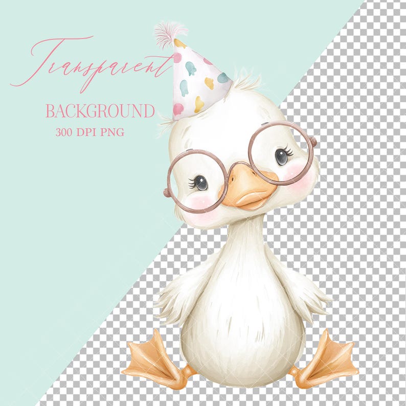 May include: A watercolor illustration of a white duckling wearing round glasses and a party hat. The duckling is sitting with its feet out, and the background is a light blue and transparent checkered pattern. Text on the image reads "Transparent Background 300 DPI PNG".