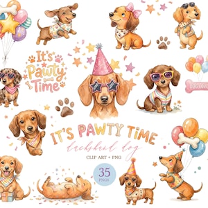 Puede incluir: Una colección de ilustraciones en acuarela que muestran perros salchicha con ropa de fiesta, incluyendo sombreros, gafas de sol y pañuelos, junto con globos, estrellas y huellas. El texto dice It's Pawty Time e incluye 35 imágenes prediseñadas PNG.