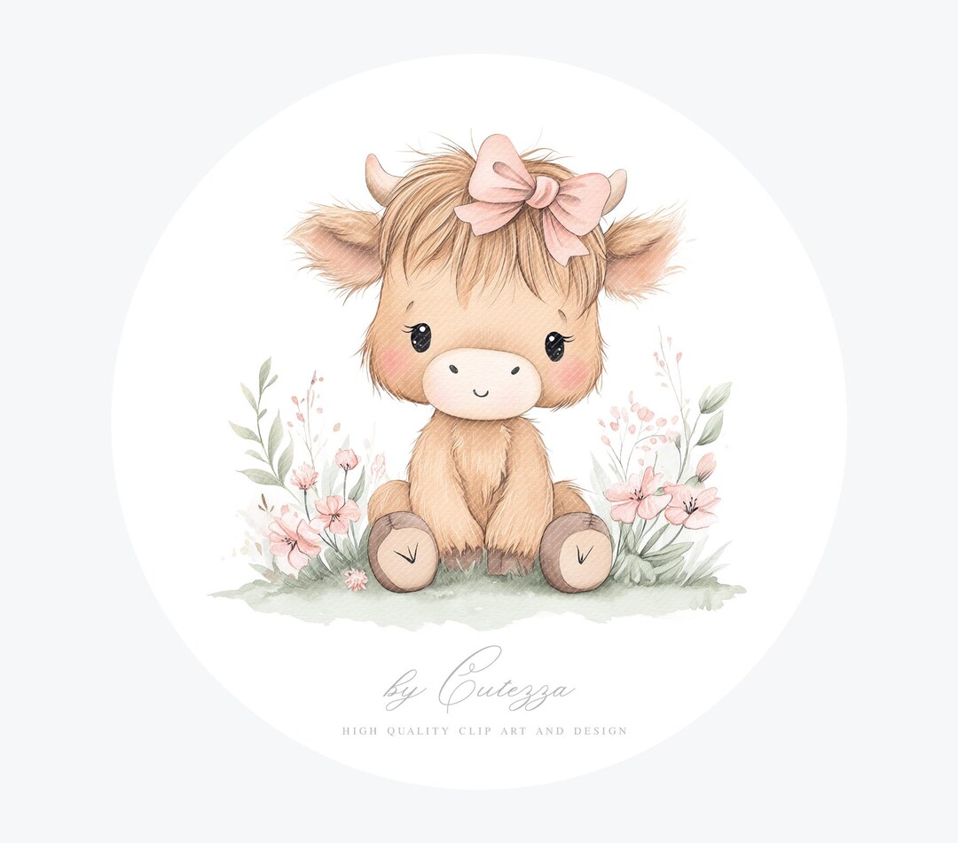 Highland Cow Baby Shower Girl PNG: Clipart Watercolor Nursery Decor ...