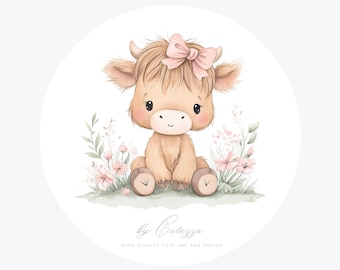 Highland Cow baby shower Girl PNG: Clipart Watercolor Nursery Decor ( Digital Download)
