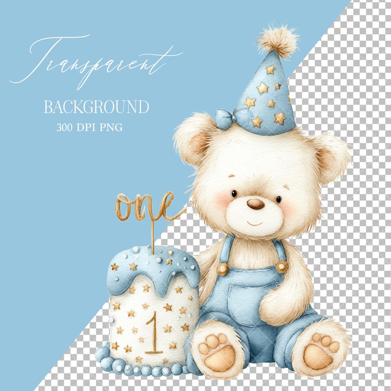 May include: A watercolor illustration of a teddy bear wearing a blue party hat with gold stars and overalls. The bear sits next to a blue cake with gold stars and the number "1". The word "one" is written on a gold cake topper. The background is light blue with the words "Transparent Background 300 DPI PNG".