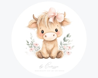 Highland Cow baby shower Girl PNG: Clipart Watercolor Nursery Decor ( Digital Download)