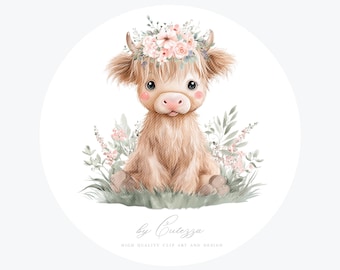 Highland Cow baby shower Girl PNG: Clipart Watercolor Nursery Decor ( Digital Download)