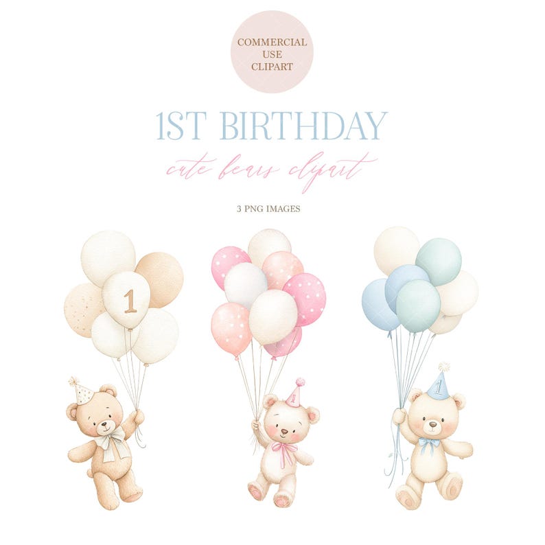Teddy Bears With Balloons Clip Art Bundle: Watercolor PNG (digital ...
