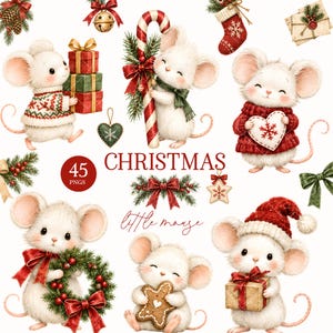 Puede incluir: Una colección digital de 45 ilustraciones PNG con ratones blancos y elementos navideños que incluyen bastones de caramelo, cajas de regalo, calcetines, coronas, galletas de jengibre y ramas de pino. El texto dice CHRISTMAS little mouse.