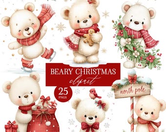 Paquete de imágenes prediseñadas de ositos de peluche navideños en acuarela: 25 elementos PNG (uso comercial)