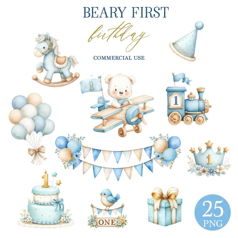 Bear First Birthday Clip art Bundle: Watercolor PNG (Digital Download) image 4