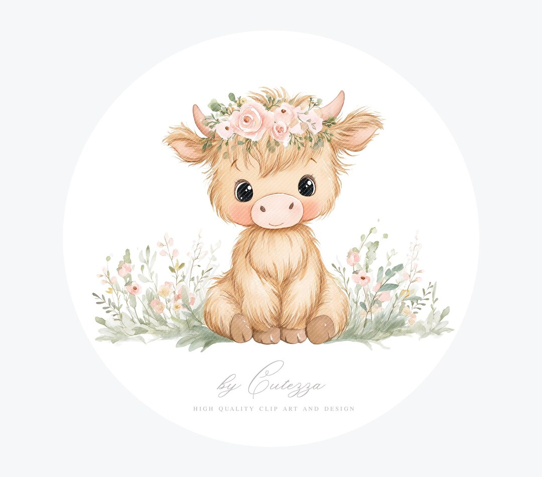 Highland Cow Baby Shower Girl PNG: Clipart Watercolor Nursery Decor ...