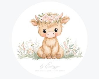 Highland Cow baby shower Girl PNG: Clipart Watercolor Nursery Decor ( Digital Download)