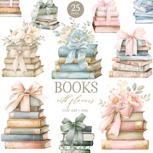 Puede incluir: Ilustración de acuarela con pilas de libros adornados con flores y lazos en colores pastel. La imagen incluye el texto "BOOKS with flowers CLIP ART + PNG" y un círculo con el número "25".