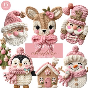 May include: A collection of crochet Christmas-themed clip art in various designs. Includes Santa Claus, a reindeer, a nutcracker, a penguin, a gingerbread house, and a snowman, all in soft, pastel colors. The text "CROCHET Christmas" is displayed in the center.