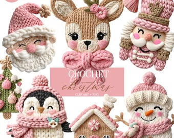 May include: A collection of crochet Christmas-themed clip art in various designs. Includes Santa Claus, a reindeer, a nutcracker, a penguin, a gingerbread house, and a snowman, all in soft, pastel colors. The text "CROCHET Christmas" is displayed in the center.