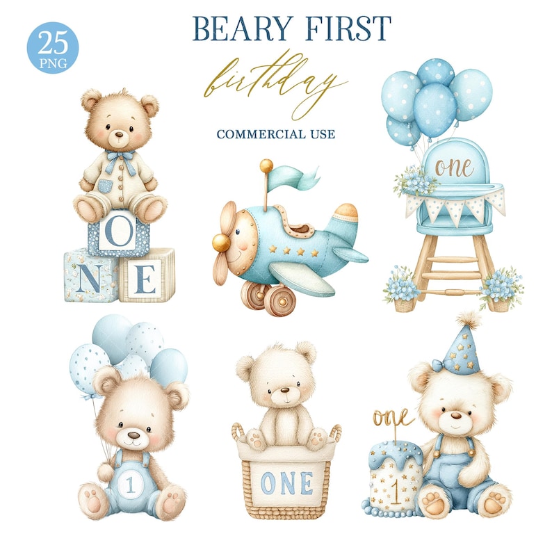 May include: Watercolor illustrations for a baby's first birthday. Includes a teddy bear on blocks, a blue airplane, a high chair with balloons, a teddy bear with balloons, a teddy bear in a basket, and a teddy bear with a cake.