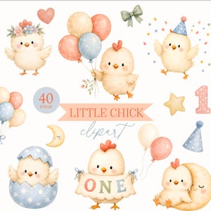 May include: A digital collection of watercolour illustrations featuring yellow chicks, balloons, party hats, a crescent moon, a heart, a bow, and a banner with the text ONE. The set includes 40 PNG files with various festive birthday elements.