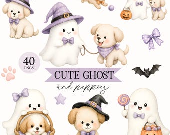 Cute Ghost Puppy Clipart, Halloween PNG Bundle, 40 Watercolor Ghost and Dog Graphics, Purple Pastel Spooky Digital Art