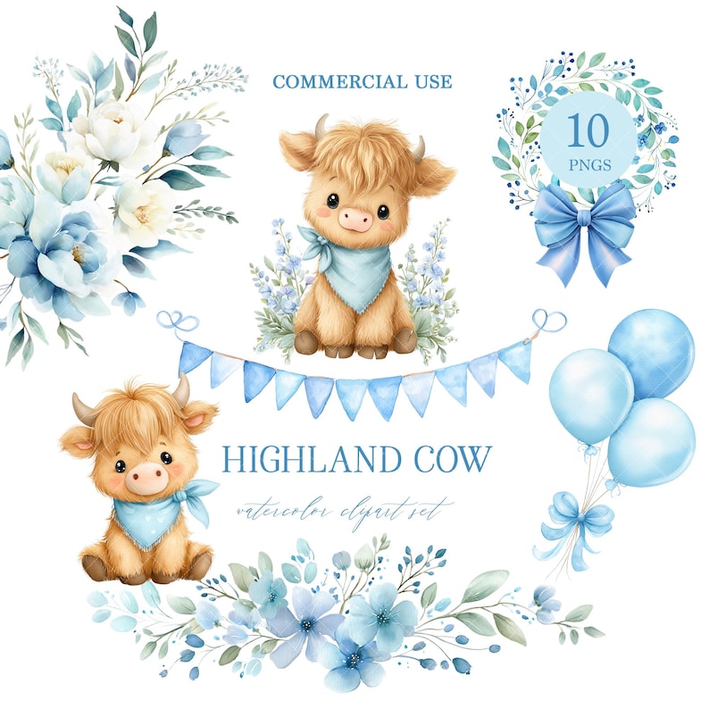 Highland Cow Boy Clipart: Watercolor Baby Shower PNG (digital Download ...