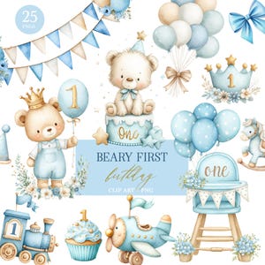 Bear First Birthday Clip art Bundle: Watercolor PNG (Digital Download)