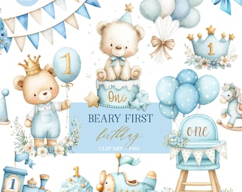 May include: Watercolor clip art set featuring a "Beary First Birthday" theme. Includes illustrations of teddy bears, balloons, a cake, a high chair, a train, and an airplane, all in soft blue and gold tones. The text "25 PNGS" is in the upper left corner.