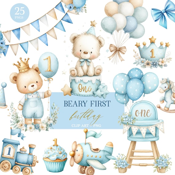 Bear First Birthday Clip art Bundle: Watercolor PNG (Digital Download)