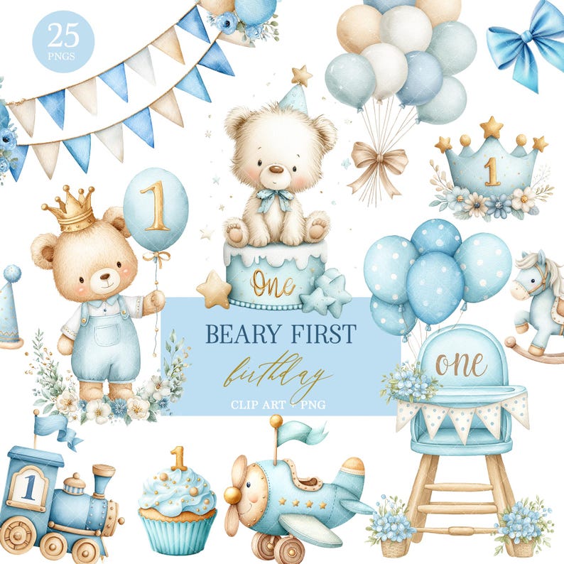 Bear First Birthday Clip art Bundle: Watercolor PNG (Digital Download)