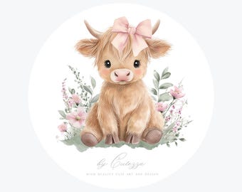 Highland Cow baby shower Girl PNG: Clipart Watercolor Nursery Decor ( Digital Download)