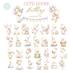 May include: A collection of watercolor illustrations featuring cute cartoon geese celebrating birthdays. The images include geese with party hats, balloons, and cakes. Text at the top reads "Cute Goose Birthday" and "Commercial Use."