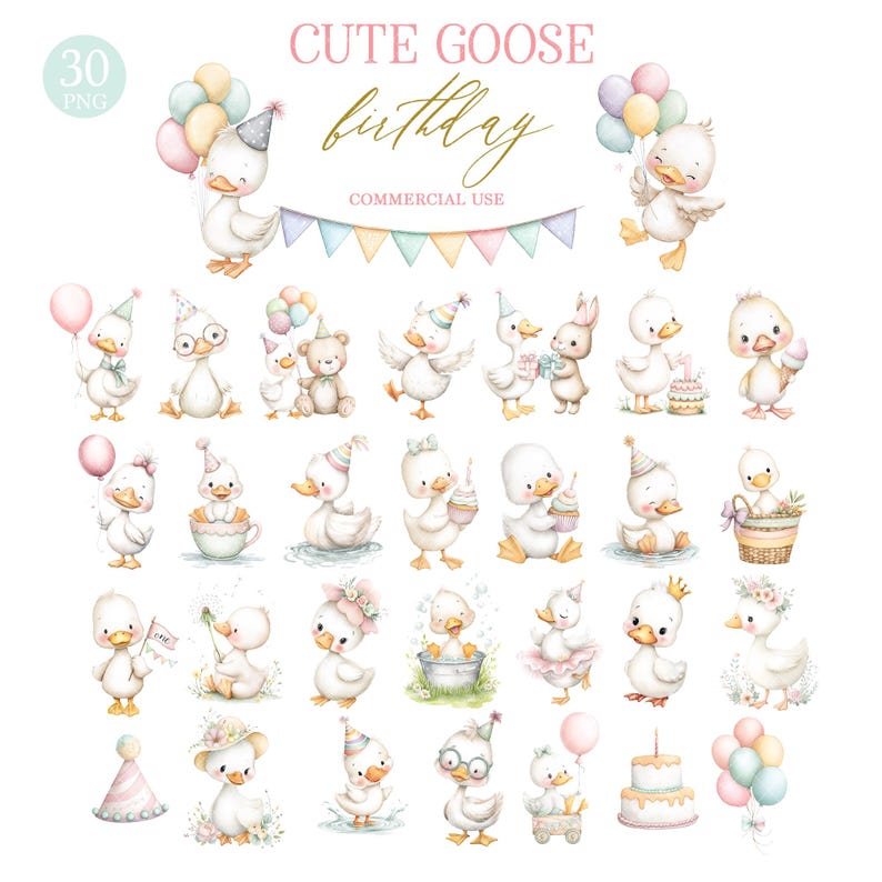 May include: A collection of watercolor illustrations featuring cute cartoon geese celebrating birthdays. The images include geese with party hats, balloons, and cakes. Text at the top reads "Cute Goose Birthday" and "Commercial Use."