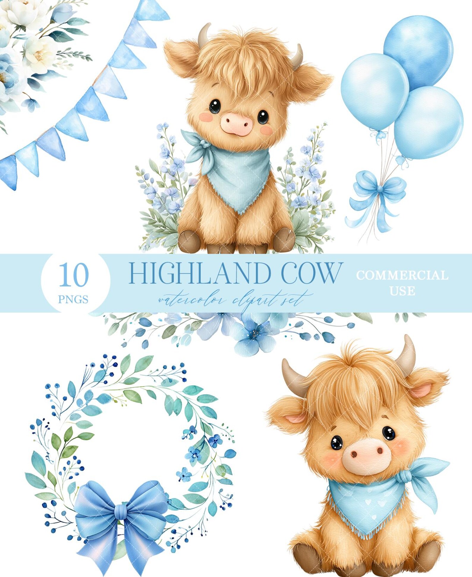 Highland Cow Boy Clipart: Watercolor Baby Shower PNG (digital Download ...