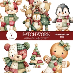 Op de afbeelding: Watercolor clipart set met patchwork kerstkarakters, waaronder een rendier, beren, een pinguïn, een peperkoekenman en een kerstboom. De karakters zijn in feestelijke kleuren rood, groen en beige, met de tekst "PATCHWORK" en "COMMERCIAL USE".