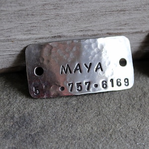 May include: Silver dog tag with the name "MAYA" and the phone number "757-6169" engraved on it.