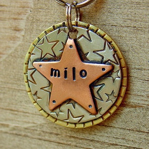 Superstar custom pet id tag- medium dog tag for dogs and cats- star dog id tag- space related dog tag-Milo