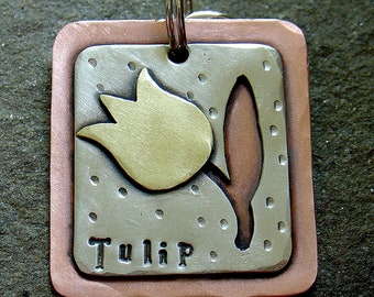 Dog ID tag or key fob-  Tulip personalized mixed metal tag for medim to large dogs