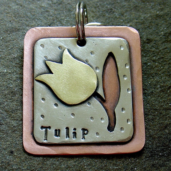 Dog ID tag or key fob-  Tulip personalized mixed metal tag for medim to large dogs