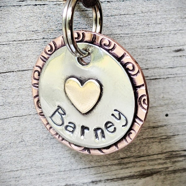 Small heart dog tag for pets with whimsical heart detail dog name tag customized for dog or cat- the Barney