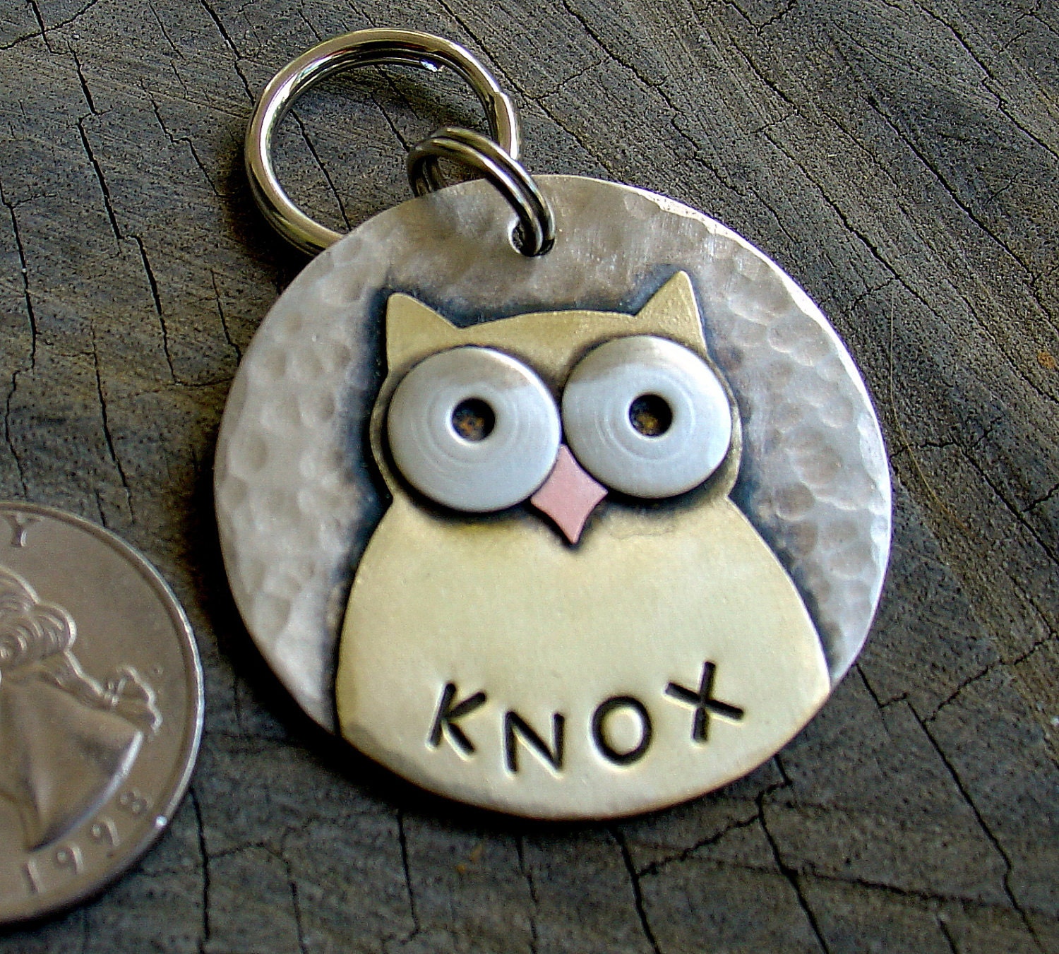 Dog ID Tag- large metal pet id tag-  Large owl tag