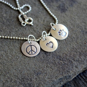 Dog Charm Necklace in sterling silver- Peace Love Pets