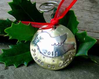 Peace Dove Christmas Ornament – Brass Tree Ornament with Silver Dove & Olive Branch