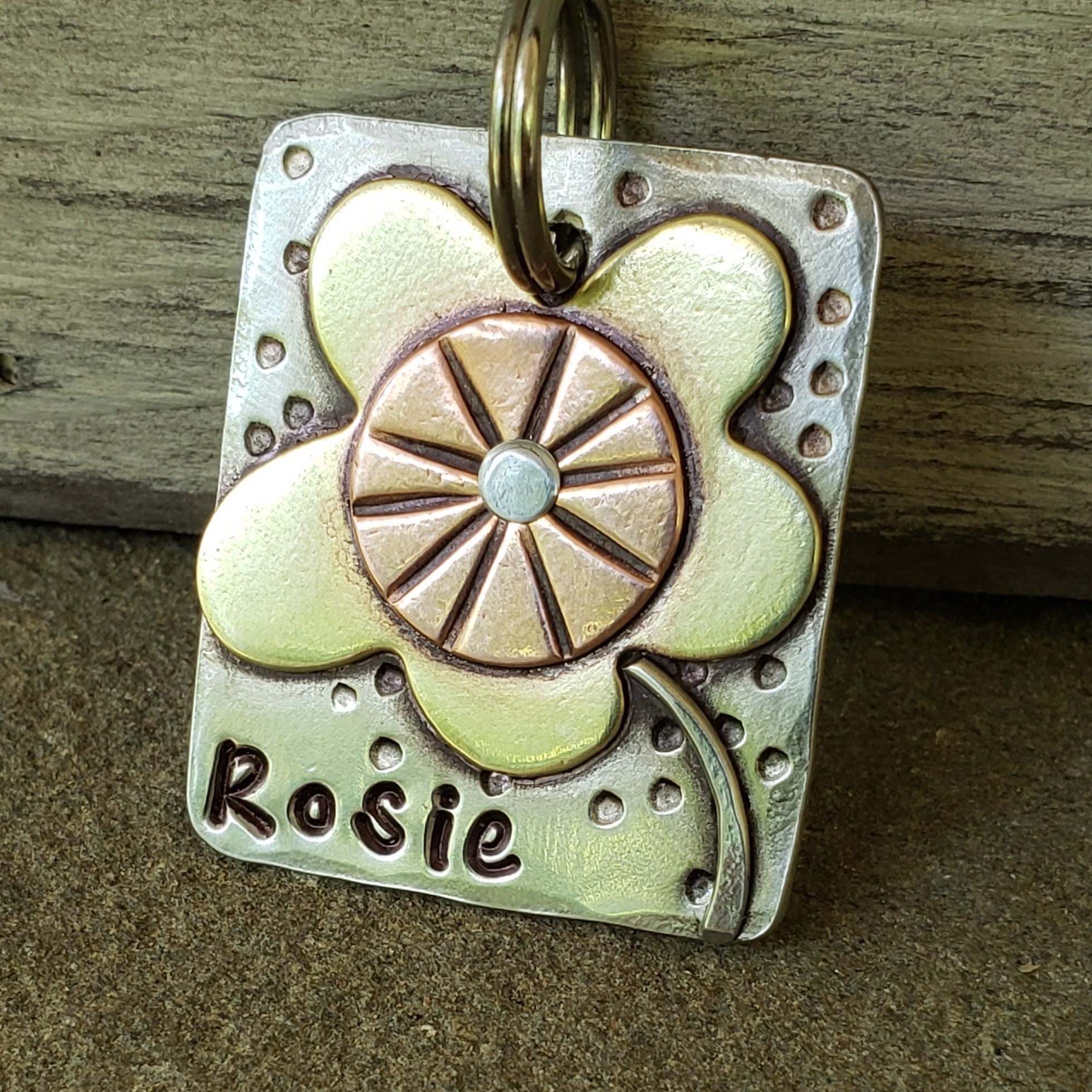 Custom dog tag- metal tag for pets with flower-  the Rosie