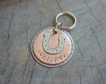 Custom pet ID tag- personalized mixed metal tag for dogs and cats- Horse Shoe for luck