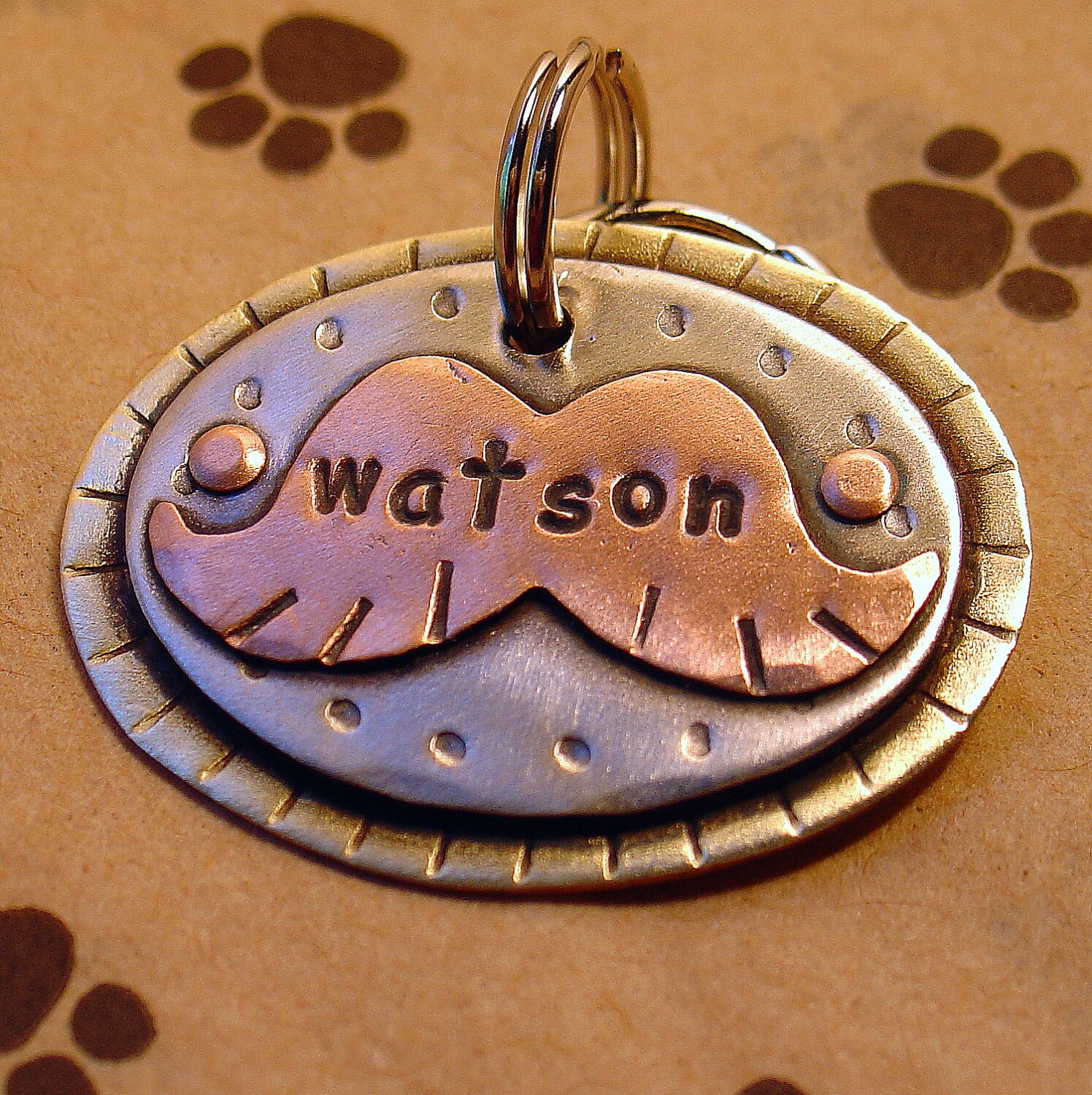Dog pet id tag- Copper Mustache in Oval- the Watson