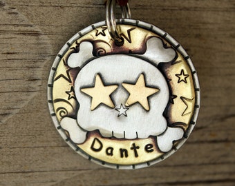 Extra Large Sugar Skull Dog ID Tag- Large pet name tag- boy skull with stars- tattoo inspired