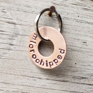 circular Microchip charm for dogs and cats- washer style dog tag- add on small chipped tag for dogs and cats- microchipped- I&#39;m CHIPPED
