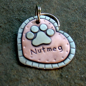 Large Dog ID tag- metal heart pet id tag- dog name tag with paw print- Nutmeg