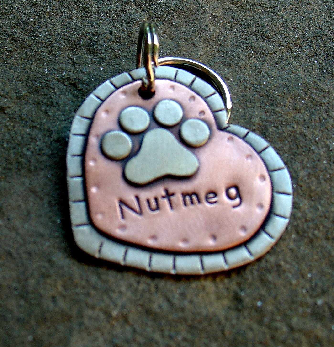Large Dog ID tag- metal heart pet id tag- dog name tag with paw print…