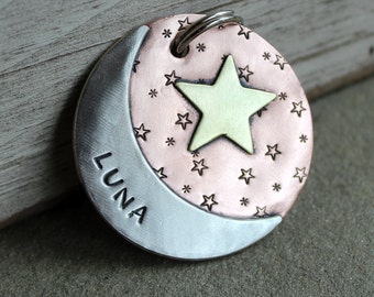 Extra Large Dog tag- pet tag with moon and stars-  XL Luna dog id tag