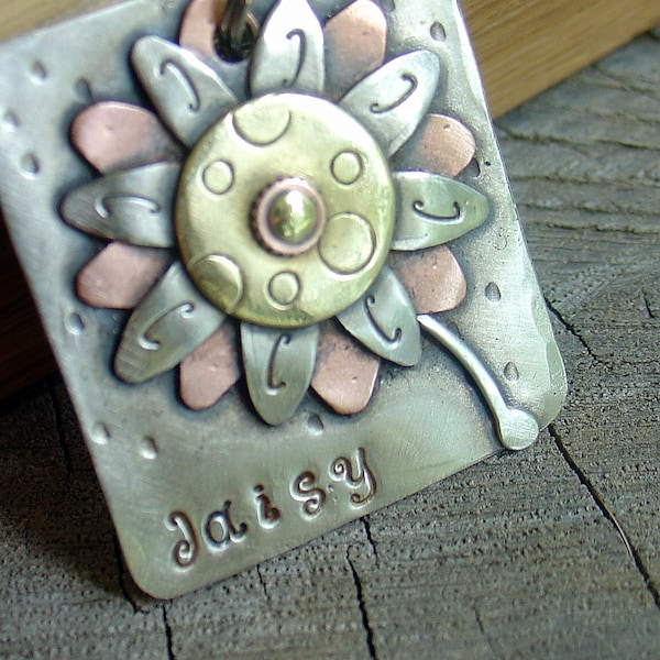 Custom dog tag- square flower design- Flower Power