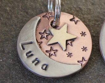 Moon and Stars Dog Tag for Dog and Cat Hand Stamped Celestial pet ID tag for Dog, Unique handmade dog Name tag gift for pet lovers- the Luna